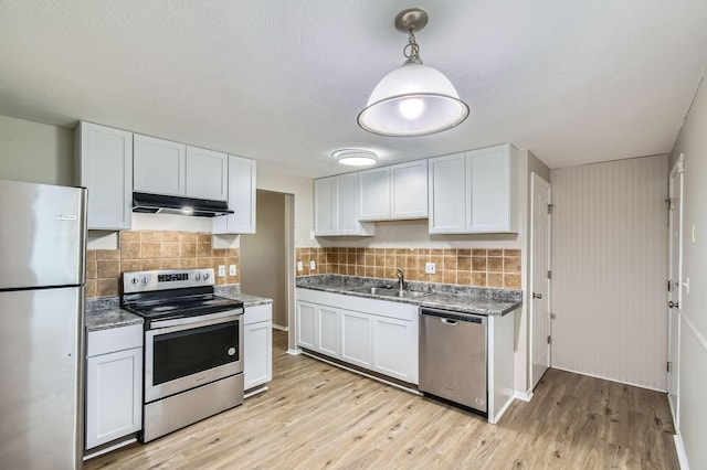 kitchen with appliances with stainless steel finishes, a sink, under cabinet range hood, light wood finished floors, and backsplash