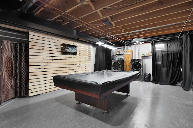 game room featuring separate washer and dryer, billiards, and speckled floor