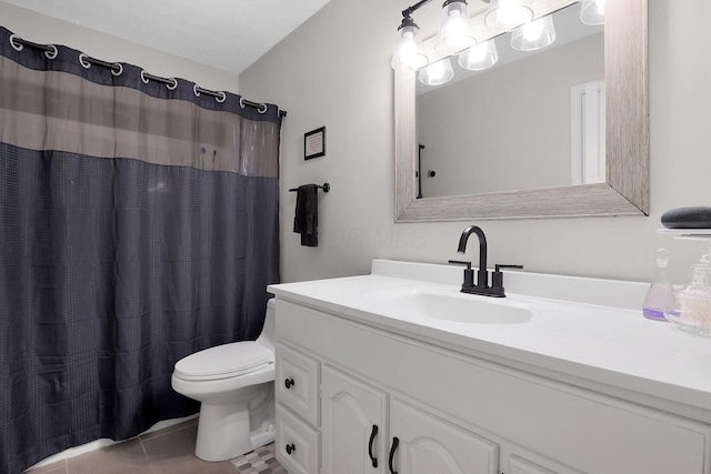 bathroom featuring vanity, tile patterned floors, toilet, and a shower with shower curtain