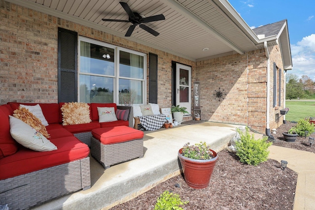 view of patio / terrace with ceiling fan, outdoor lounge area, and covered porch