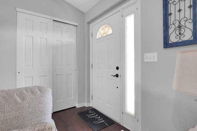 entrance foyer with baseboards, vaulted ceiling, and dark wood-type flooring