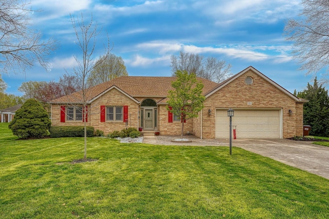 single story home with an attached garage, brick siding, a front lawn, driveway, and roof with shingles