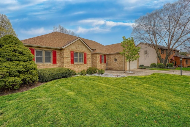 single story home featuring driveway, a front lawn, brick siding, a garage, and a shingled roof