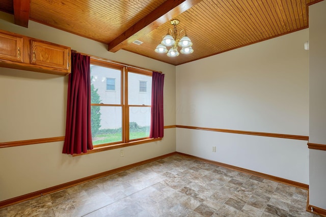 spare room featuring baseboards, wooden ceiling, a notable chandelier, beam ceiling, and stone finish flooring