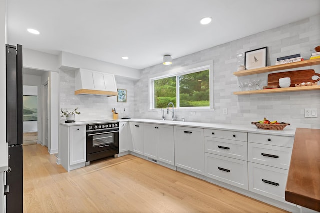 8019 Clouse Rd, New Albany, OH 43054 - kitchen featuring high end range, custom exhaust hood, tasteful backsplash, light wood-style floors, and light countertops