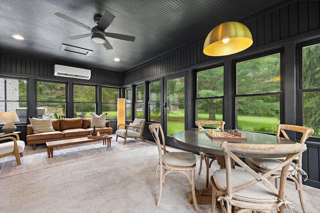 8019 Clouse Rd, New Albany, OH 43054 - sunroom with a wall mounted AC, carpet floors, an outdoor living space, ceiling fan, and outdoor dining space