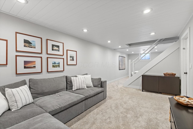 8019 Clouse Rd, New Albany, OH 43054 - living room with recessed lighting, stairs, and carpet