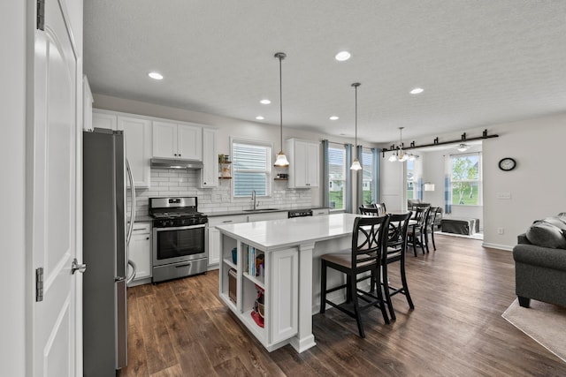 kitchen with under cabinet range hood, open shelves, a sink, open floor plan, and stainless steel appliances