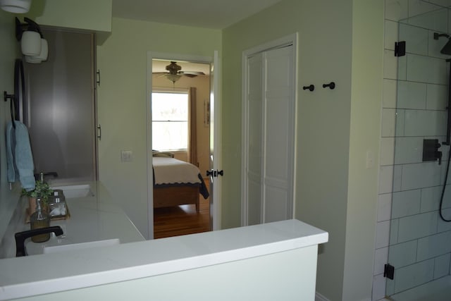11283 Palmer Rd SW, Pataskala, OH 43062 - full bathroom featuring a tile shower, a sink, and a ceiling fan