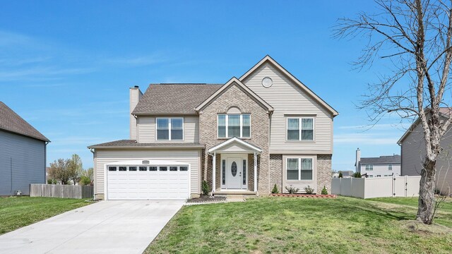 traditional-style house featuring brick siding, an attached garage, fence, and driveway