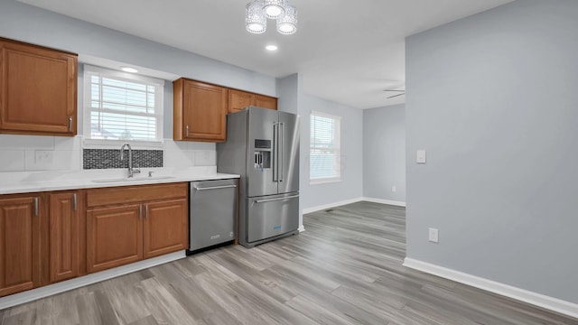 kitchen featuring brown cabinets, backsplash, a sink, baseboards, and appliances with stainless steel finishes