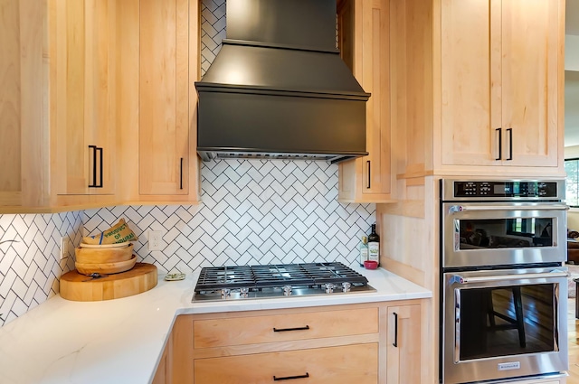 9730 Lancaster Kirkersville Rd NW, Baltimore, OH 43105 - kitchen with stainless steel appliances, light brown cabinetry, tasteful backsplash, custom range hood, and light countertops
