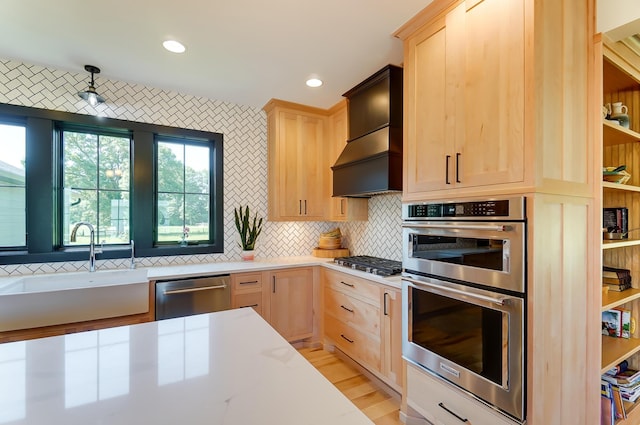 9730 Lancaster Kirkersville Rd NW, Baltimore, OH 43105 - kitchen with appliances with stainless steel finishes, a sink, light brown cabinetry, and backsplash