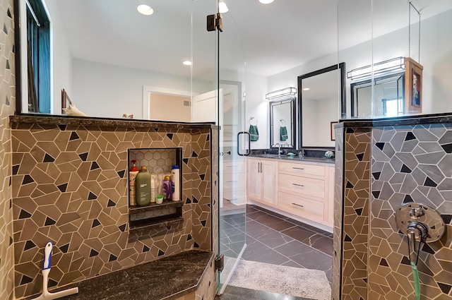9730 Lancaster Kirkersville Rd NW, Baltimore, OH 43105 - full bath featuring tile walls, recessed lighting, vanity, marble finish floor, and a stall shower