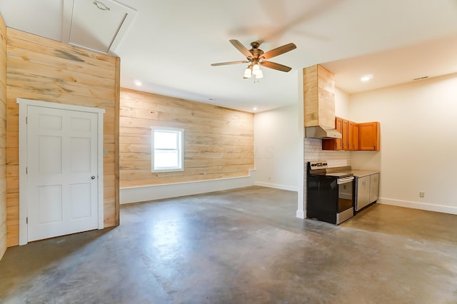 9730 Lancaster Kirkersville Rd NW, Baltimore, OH 43105 - unfurnished living room featuring recessed lighting, finished concrete floors, wooden walls, and ceiling fan