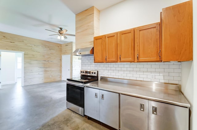 9730 Lancaster Kirkersville Rd NW, Baltimore, OH 43105 - kitchen featuring electric range, ceiling fan, concrete floors, and tasteful backsplash