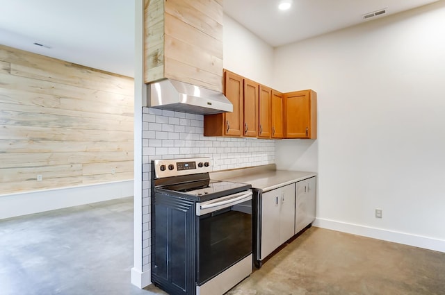 9730 Lancaster Kirkersville Rd NW, Baltimore, OH 43105 - kitchen with electric range, brown cabinets, concrete floors, and ventilation hood