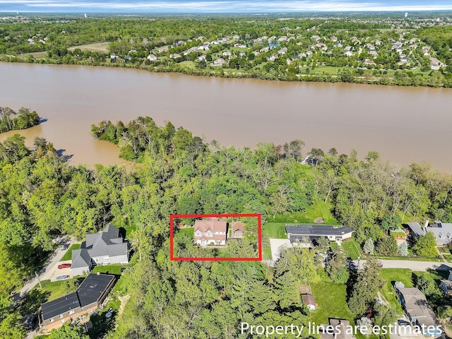 9684 Shawnee Trl, Powell, OH 43065 - view of property location featuring a large body of water, property parcel outlined, and nearby suburban area