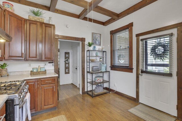 328 Pearl St, Jackson, OH 45640 - kitchen with light wood finished floors, stainless steel gas range oven, coffered ceiling, light countertops, and beam ceiling