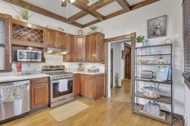 328 Pearl St, Jackson, OH 45640 - kitchen featuring coffered ceiling, beamed ceiling, light countertops, under cabinet range hood, and appliances with stainless steel finishes