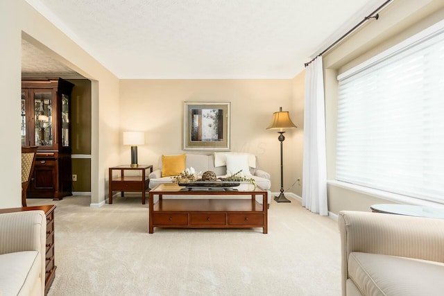 living area featuring baseboards and light colored carpet
