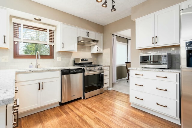 kitchen featuring under cabinet range hood, light wood finished floors, stainless steel appliances, and a sink