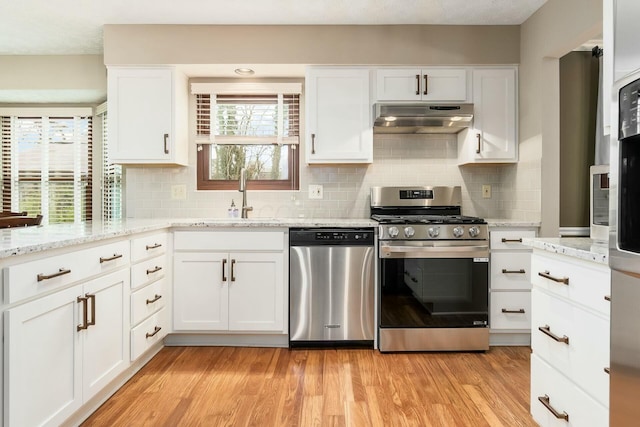 kitchen featuring under cabinet range hood, a wealth of natural light, stainless steel appliances, and a sink