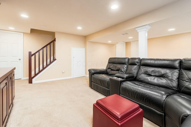 cinema with baseboards, light carpet, visible vents, and recessed lighting