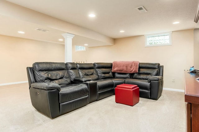 living room featuring visible vents, carpet floors, and recessed lighting