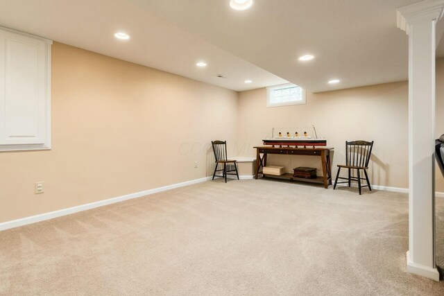 sitting room with baseboards, carpet floors, and recessed lighting