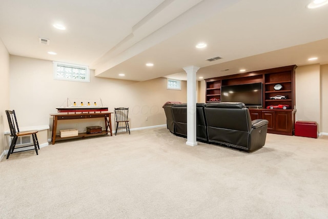 living room with visible vents, recessed lighting, and light colored carpet