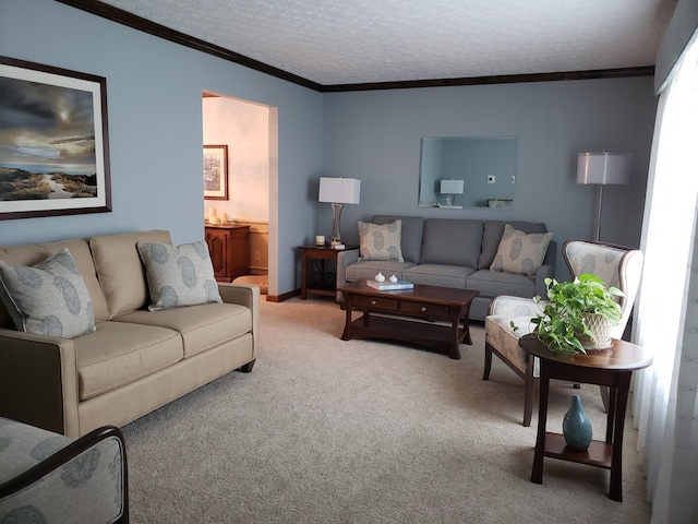 7918 Sethwick Rd, Dublin, OH 43016 - living area with crown molding, light colored carpet, a textured ceiling, and baseboards