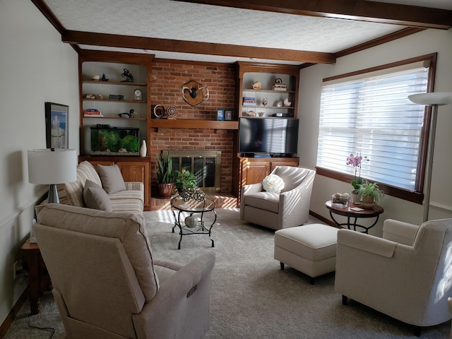 7918 Sethwick Rd, Dublin, OH 43016 - living area featuring a textured ceiling, carpet floors, beam ceiling, a fireplace, and built in features