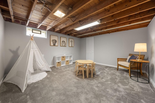876 Palmer Rd, Columbus, OH 43212 - recreation room featuring baseboards, carpet, and wooden ceiling