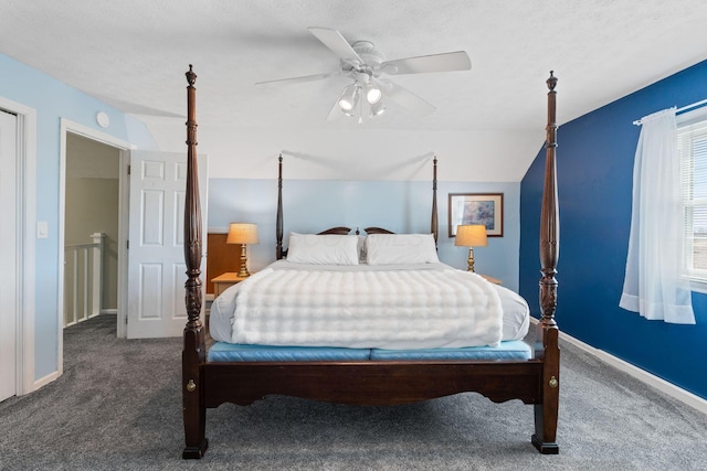 bedroom with baseboards, carpet floors, and ceiling fan