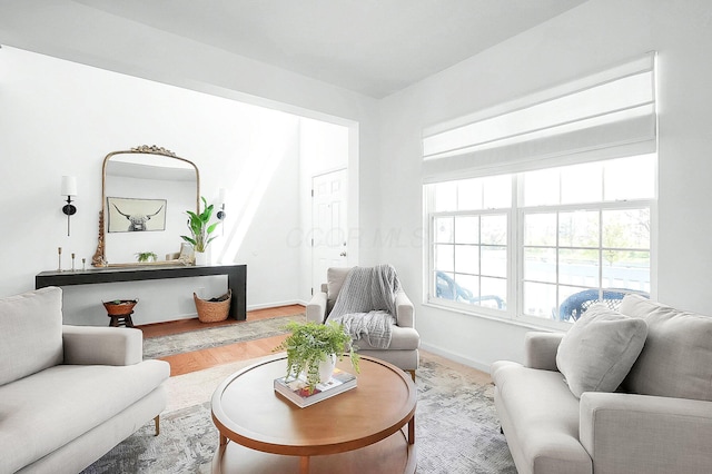 living area with baseboards and wood finished floors