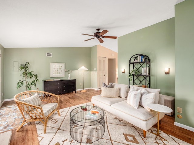 3794 Bridle Ct, Columbus, OH 43221 - living area with wood finished floors, a ceiling fan, vaulted ceiling, and baseboards