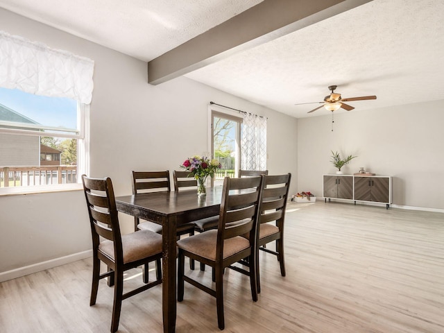 5407 Davidson Rd, Hilliard, OH 43026 - dining room with a ceiling fan, a textured ceiling, baseboards, and light wood-type flooring