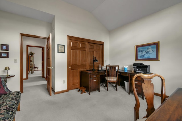 12372 Brook Forest Cir NW, Pickerington, OH 43147 - home office featuring light colored carpet, baseboards, and lofted ceiling