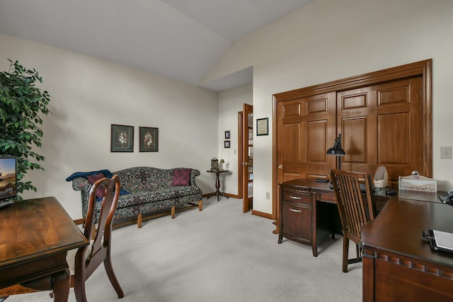 12372 Brook Forest Cir NW, Pickerington, OH 43147 - home office featuring light carpet, baseboards, and vaulted ceiling