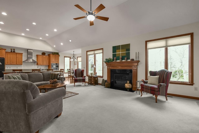 12372 Brook Forest Cir NW, Pickerington, OH 43147 - living area with baseboards, recessed lighting, light carpet, and lofted ceiling