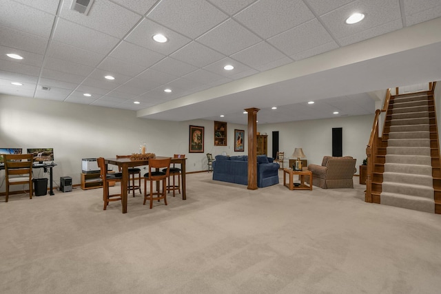 12372 Brook Forest Cir NW, Pickerington, OH 43147 - dining space with carpet, a drop ceiling, visible vents, recessed lighting, and stairway