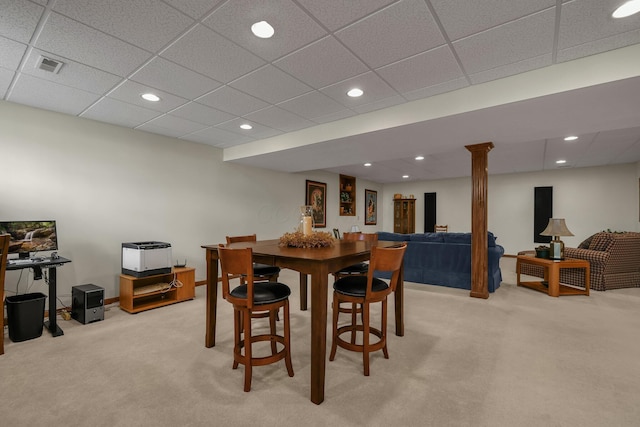 12372 Brook Forest Cir NW, Pickerington, OH 43147 - dining room featuring visible vents, recessed lighting, a drop ceiling, and light colored carpet