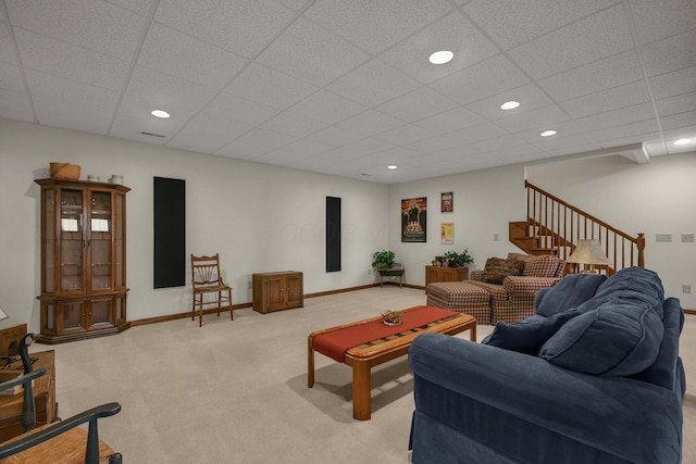 12372 Brook Forest Cir NW, Pickerington, OH 43147 - living area with baseboards, a paneled ceiling, carpet, stairway, and recessed lighting