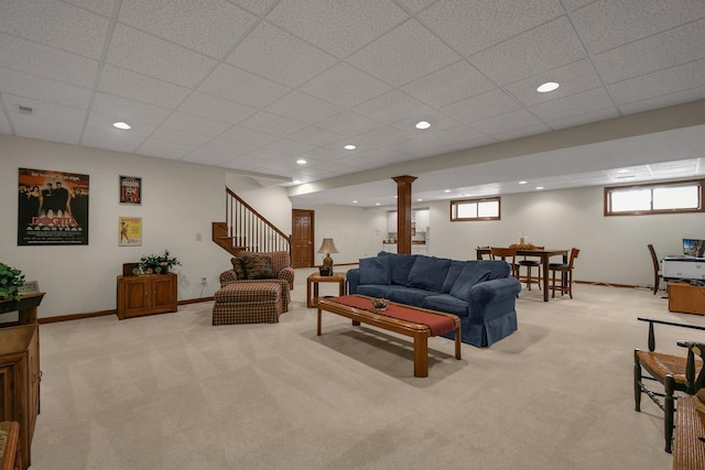 12372 Brook Forest Cir NW, Pickerington, OH 43147 - living area with light colored carpet, a drop ceiling, recessed lighting, stairway, and baseboards