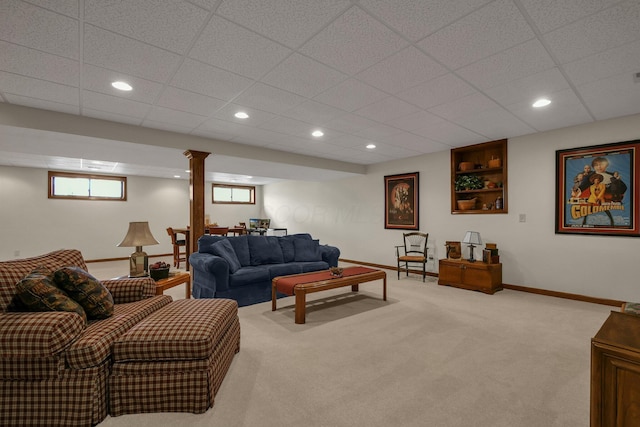 12372 Brook Forest Cir NW, Pickerington, OH 43147 - carpeted living room featuring a paneled ceiling, baseboards, and recessed lighting