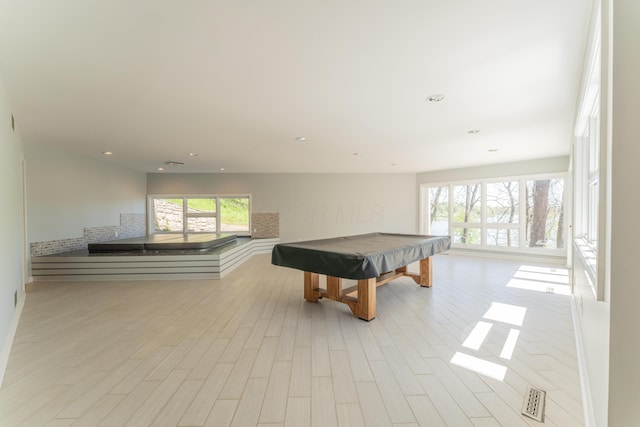 playroom with pool table, recessed lighting, and light wood-style flooring