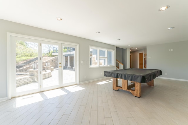 rec room featuring recessed lighting, baseboards, billiards, and light wood-style floors