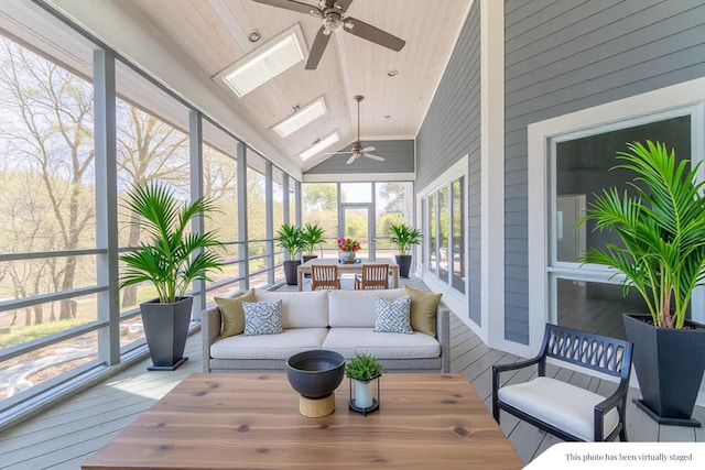 29740 Blosser Rd, Logan, OH 43138 - sunroom / solarium featuring wood finished floors, a skylight, wood walls, wooden ceiling, and high vaulted ceiling