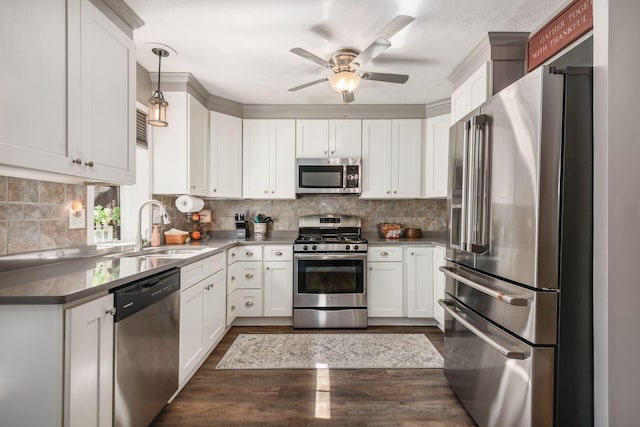 kitchen with stainless steel appliances, a sink, dark wood-style flooring, white cabinetry, and ceiling fan